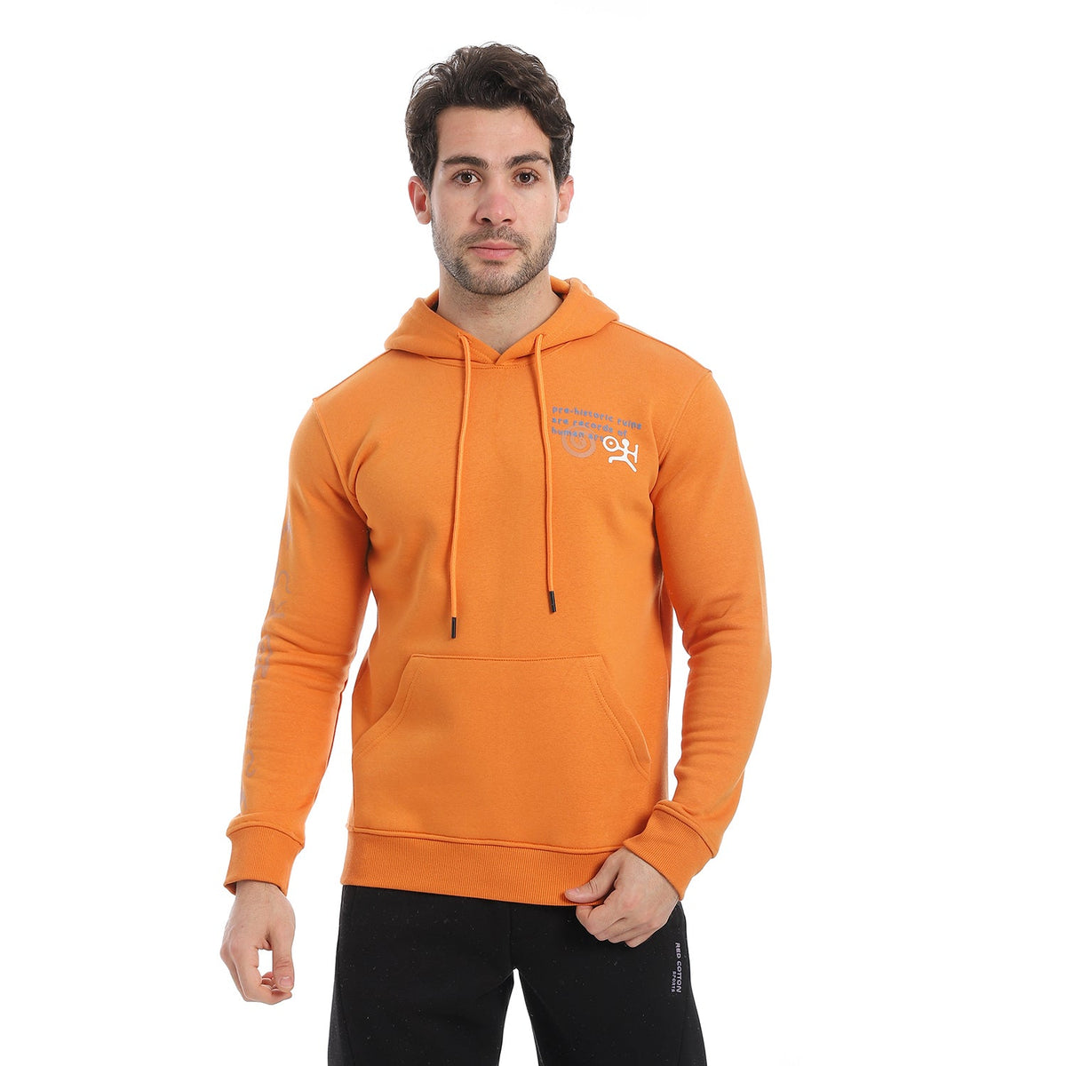 Men's Hoodie With Printed - Orange - Red Cotton