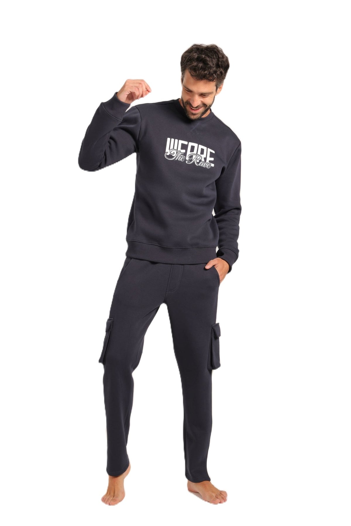 Men’s Navy Blue Sweatshirt & Jogger Set - Red Cotton