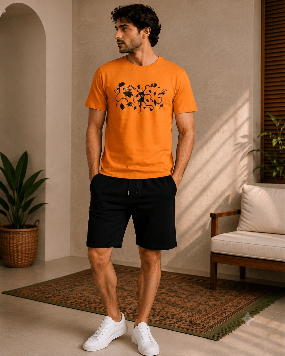 Men's Orange T-Shirt with Black Shorts Pajama Set - Red Cotton