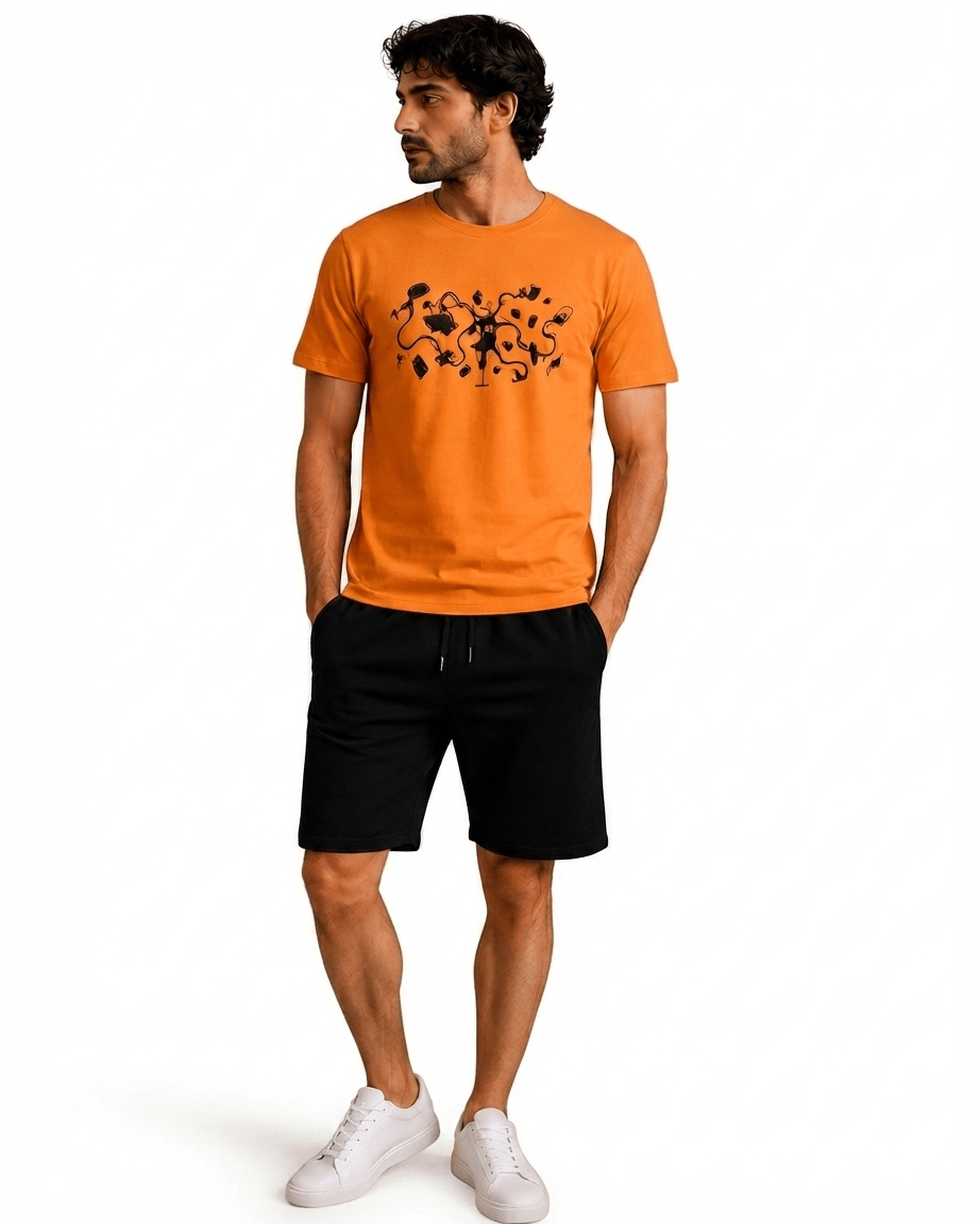 Men's Orange T-Shirt with Black Shorts Pajama Set - Red Cotton