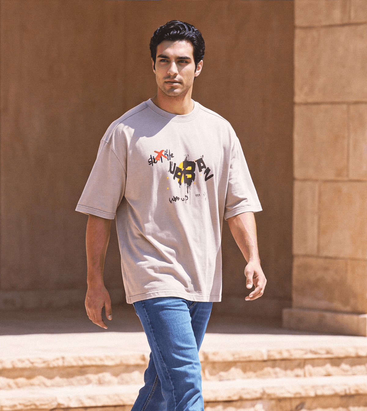 Men’s Oversized Beige T-Shirt - Red Cotton