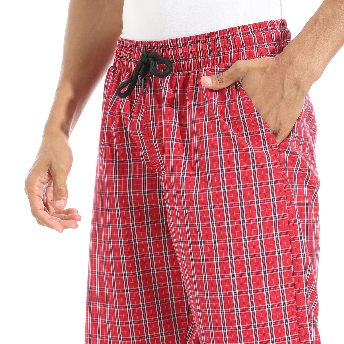 Men's Red Gingham Check Lounge Shorts with Drawstring Waist - Red Cotton