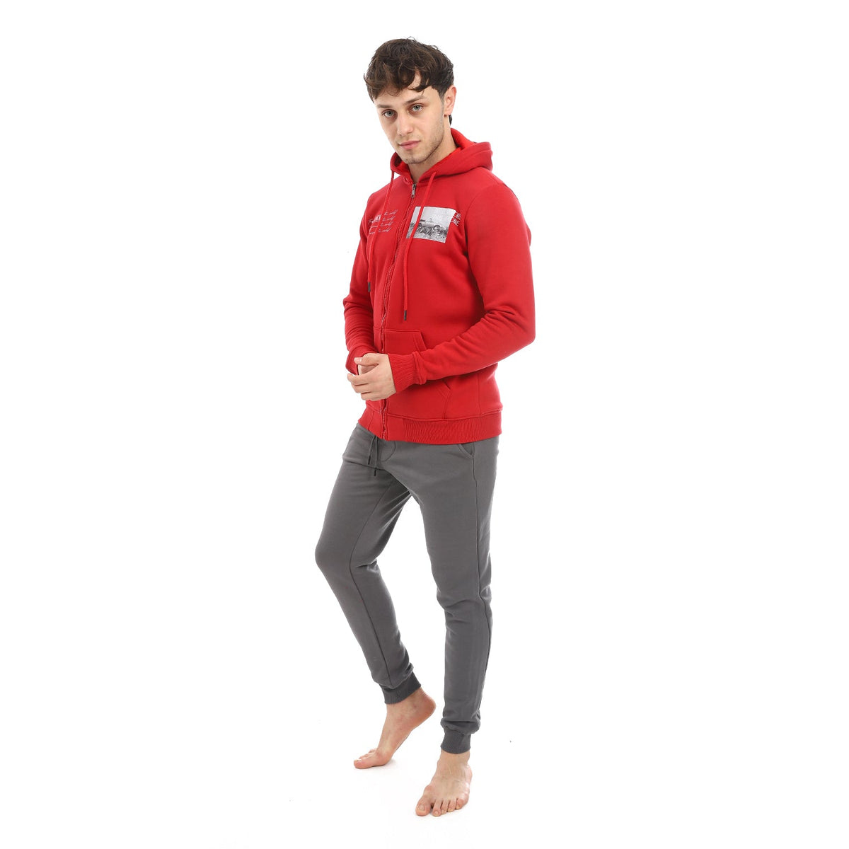 Men's Red Printed Winter Hoodie - Modern And Warm Loungewear - Red Cotton