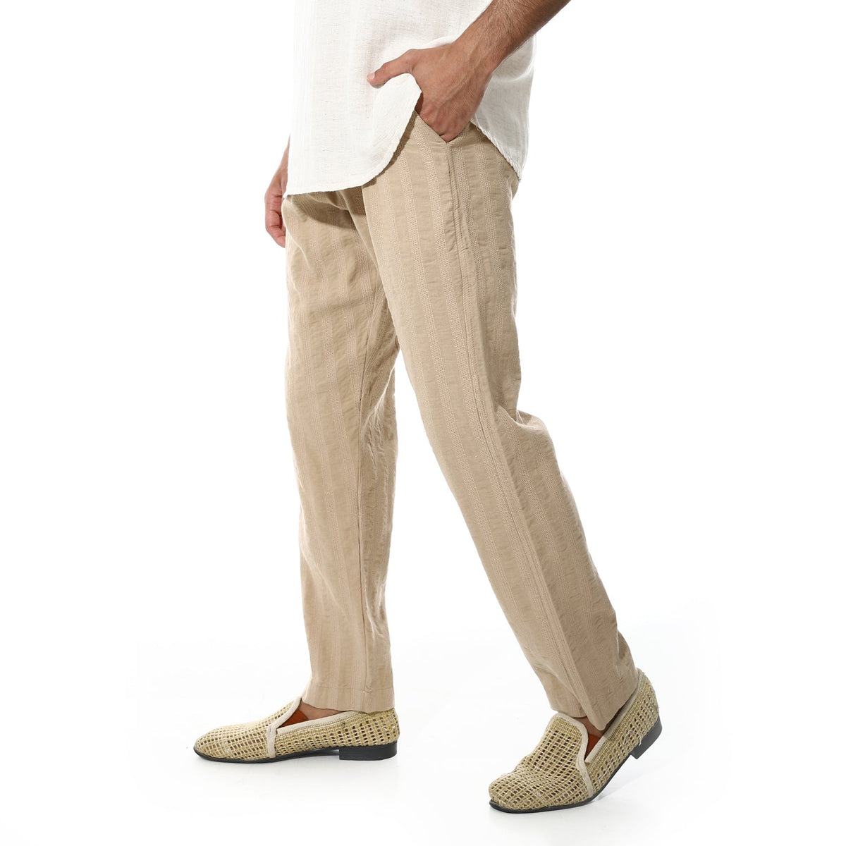 Men's Relaxed Fit Striped Linen Trousers – Cafe - Red Cotton