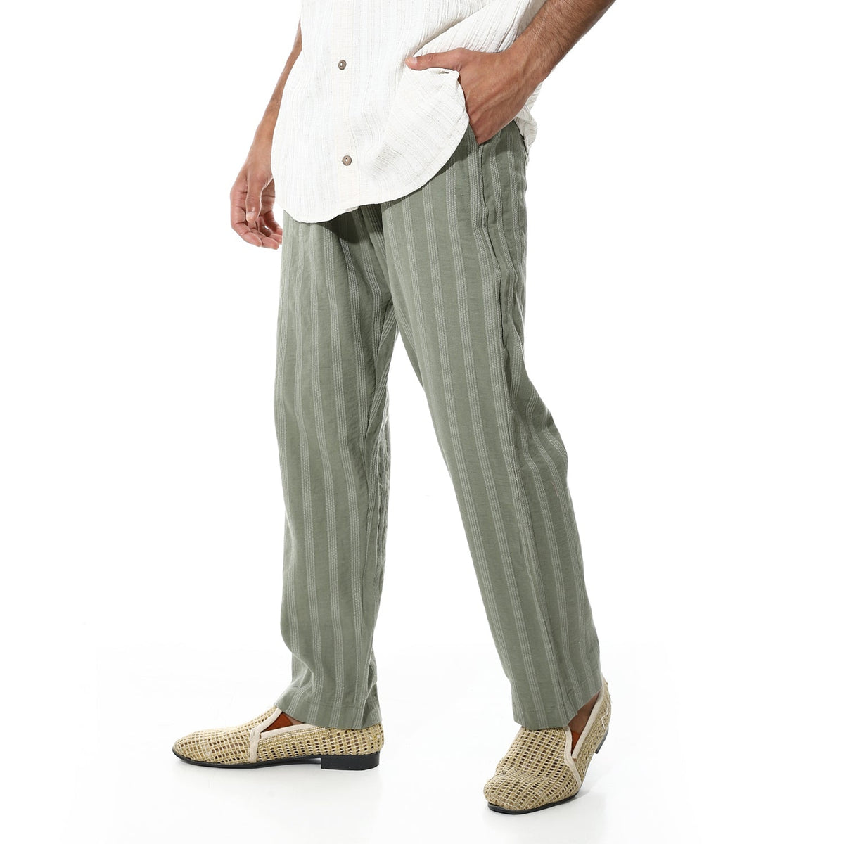 Men's Relaxed Fit Striped Linen Trousers – Green - Red Cotton