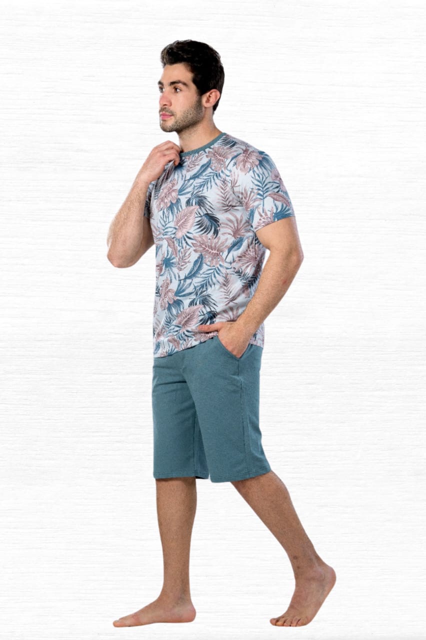 Men's Round Tropical Leaves Tee & Solid Short Pajama Set - Aqua - Red Cotton