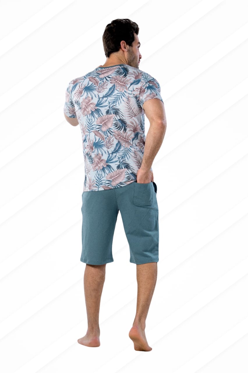 Men's Round Tropical Leaves Tee & Solid Short Pajama Set - Aqua - Red Cotton