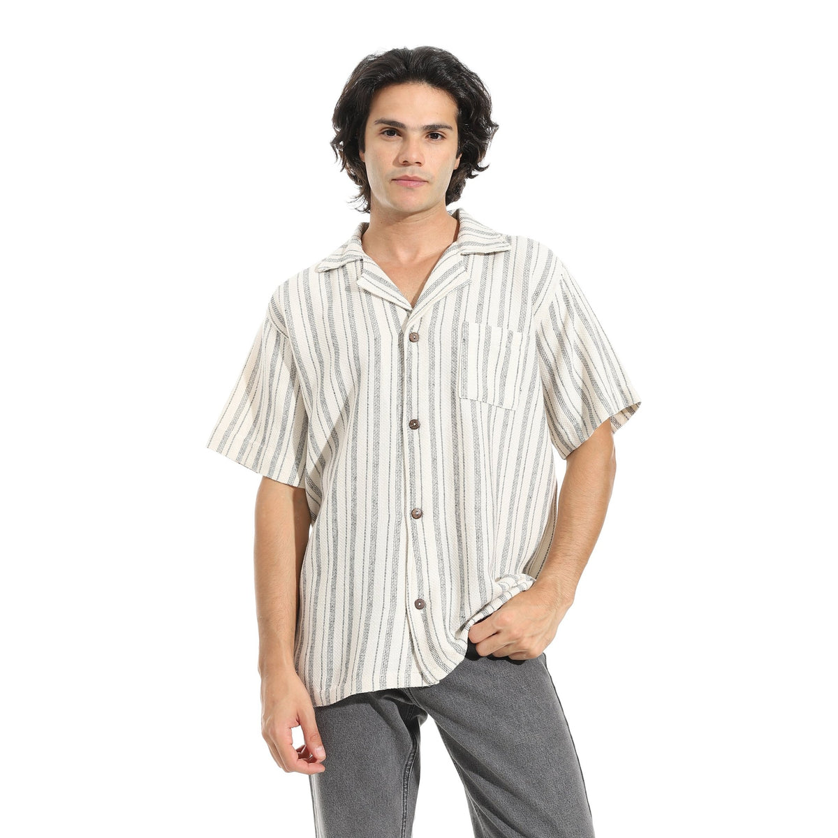 Men’s Short Sleeve Linen Striped Black Shirt - Red Cotton