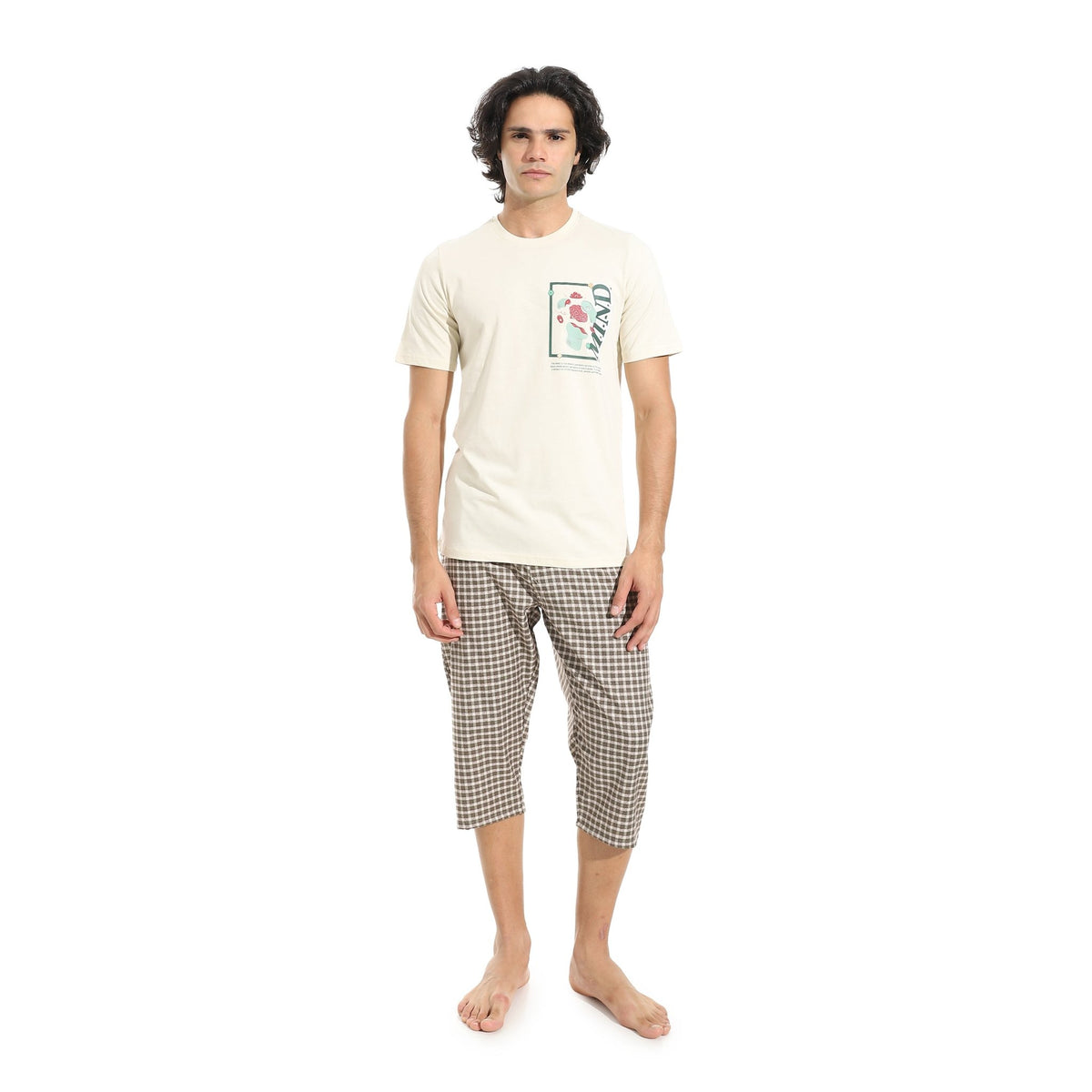 Men's Summer Pajama Set, Pantacourt & T-Shirt -Off white - Red Cotton