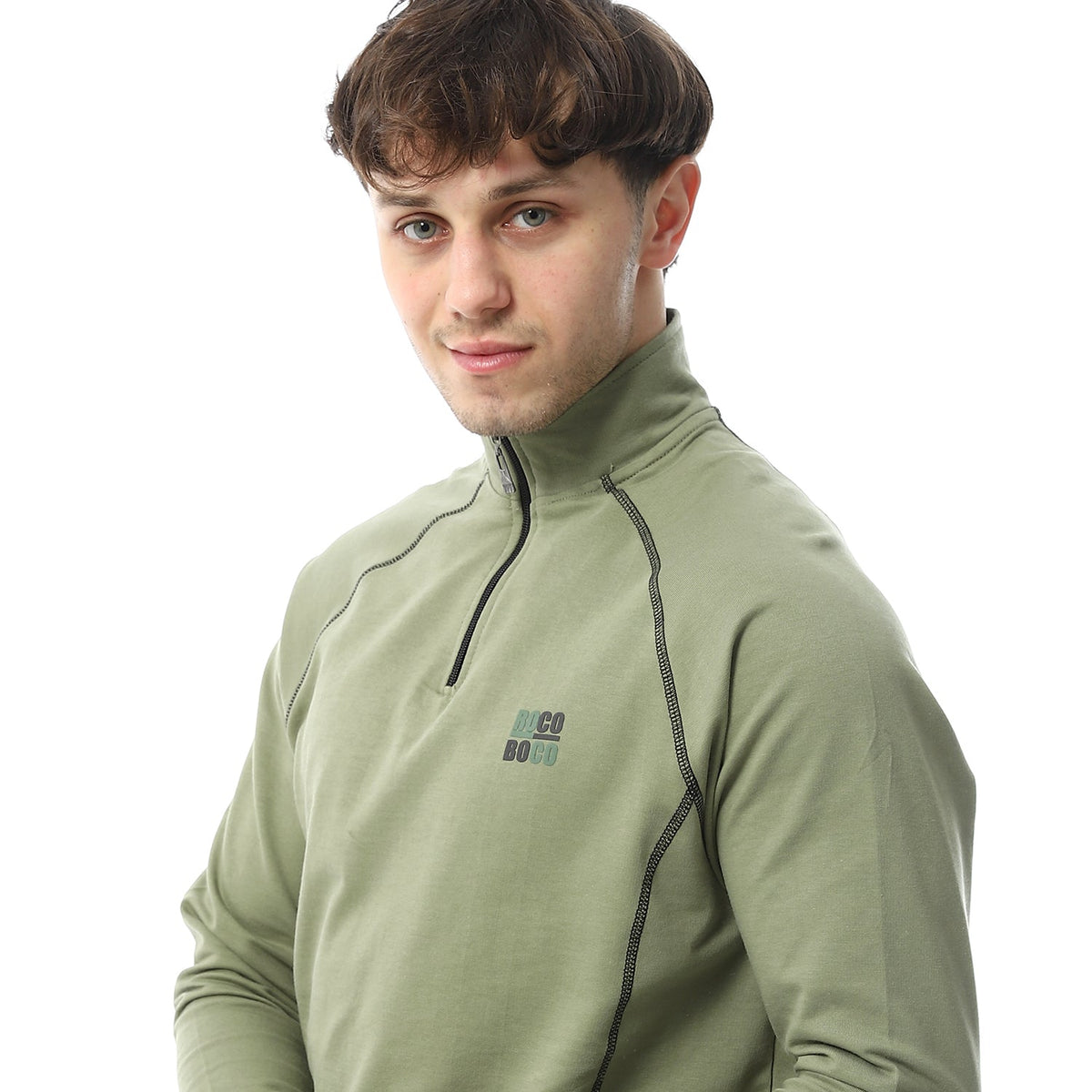Men's Winter Quarter Zipper Pajama - Dark Green - Red Cotton