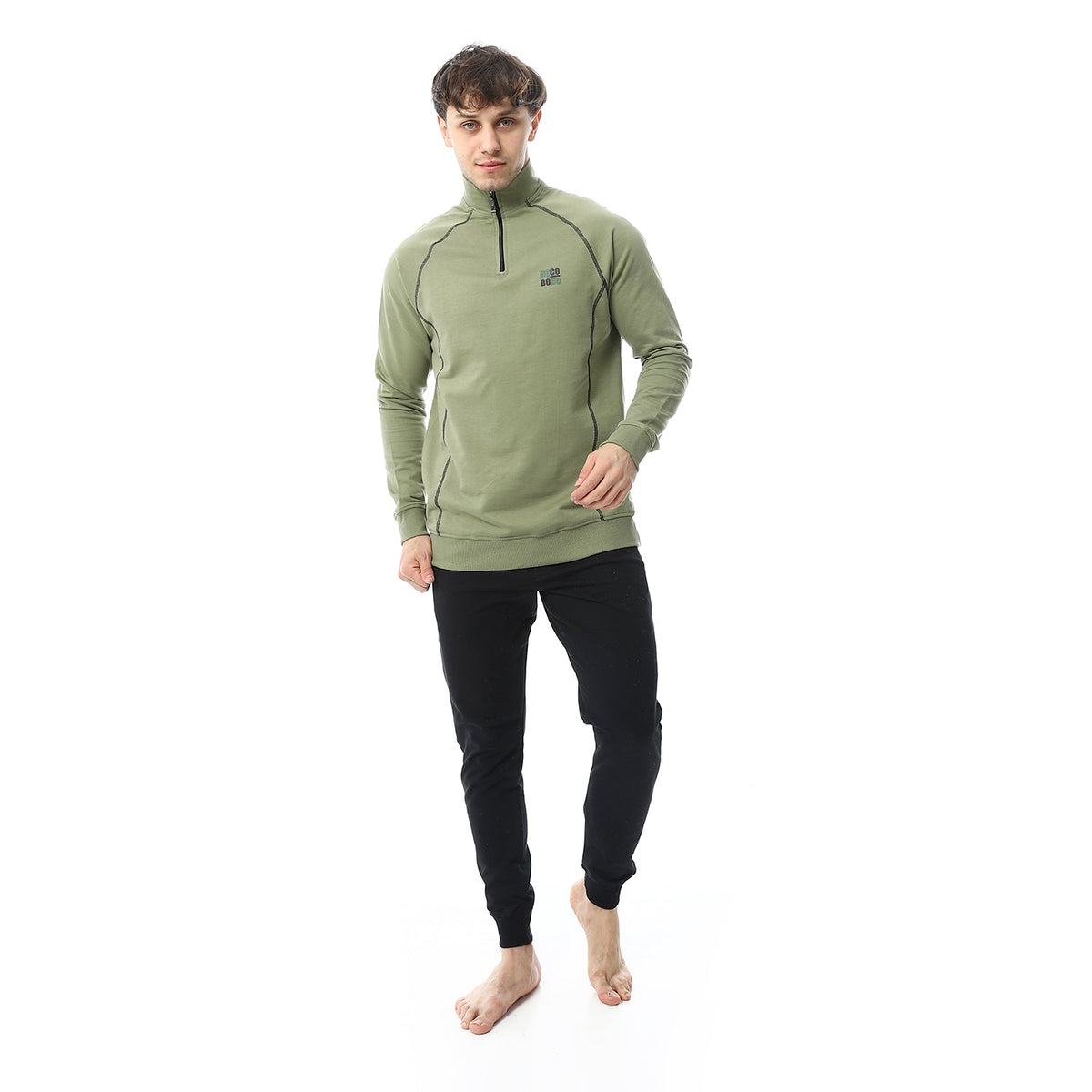 Men's Winter Quarter Zipper Pajama - Dark Green - Red Cotton