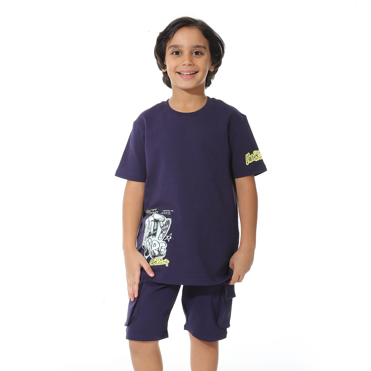 Navy Printed Cargo Shorts Set for Boys – Summer Melton Vibes - Red Cotton