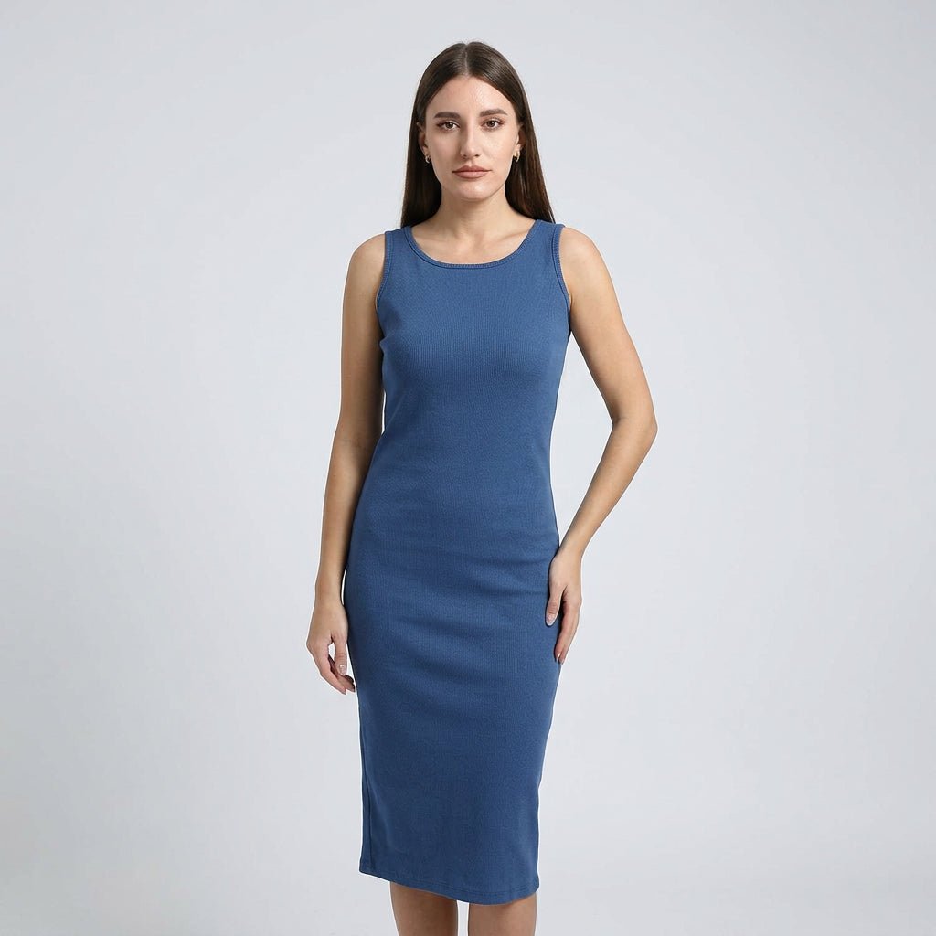 Nightgown For Women, Ribbed Comfy and Trendy - Denim Blue - Red Cotton