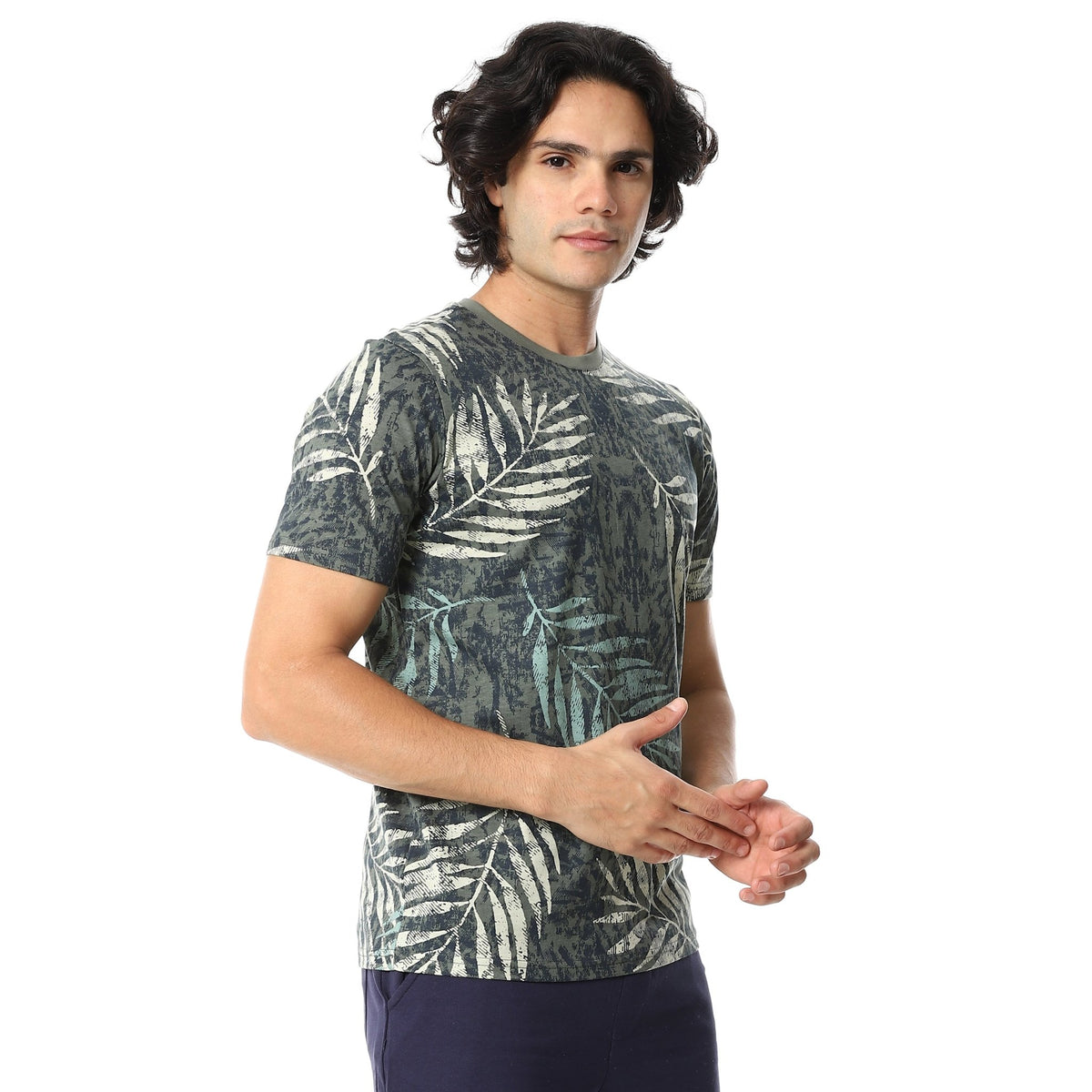 Olive Palm Leaves Tee & Solid Navy Shorts Pajama Set - Red Cotton