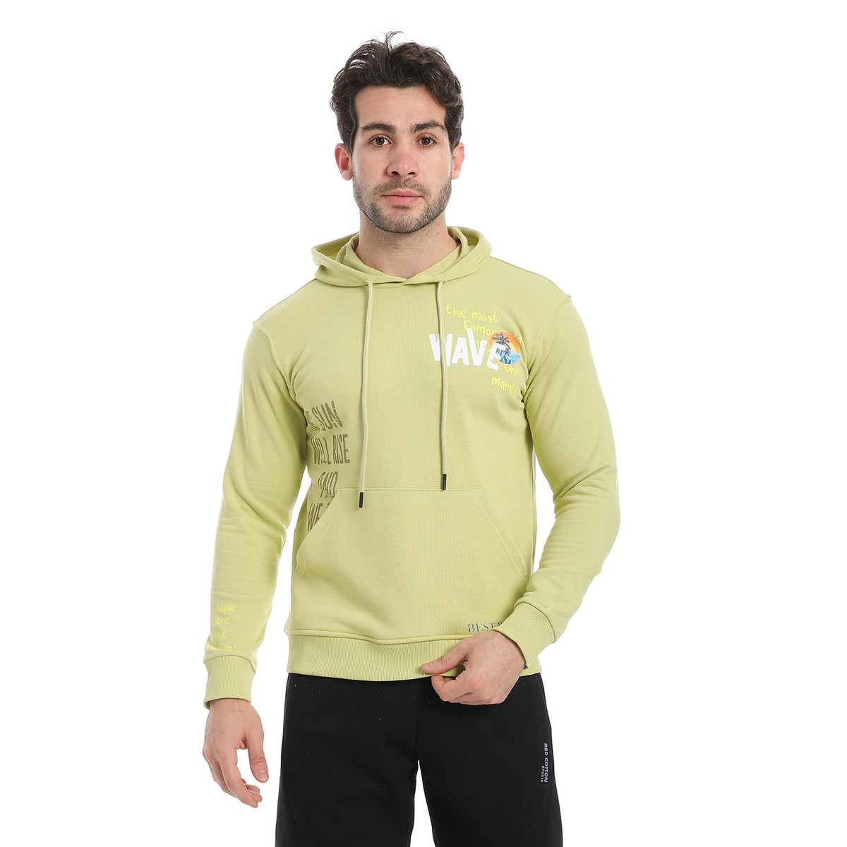 Red Cotton Hoodie With Printed -Lite Green - Red Cotton
