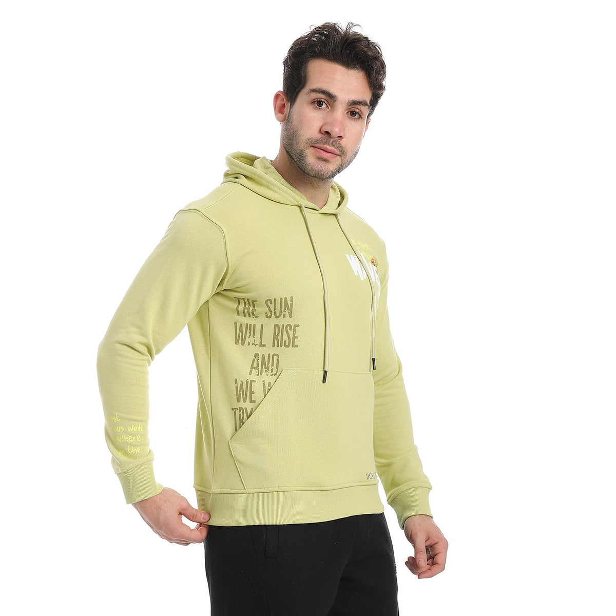 Red Cotton Hoodie With Printed -Lite Green - Red Cotton