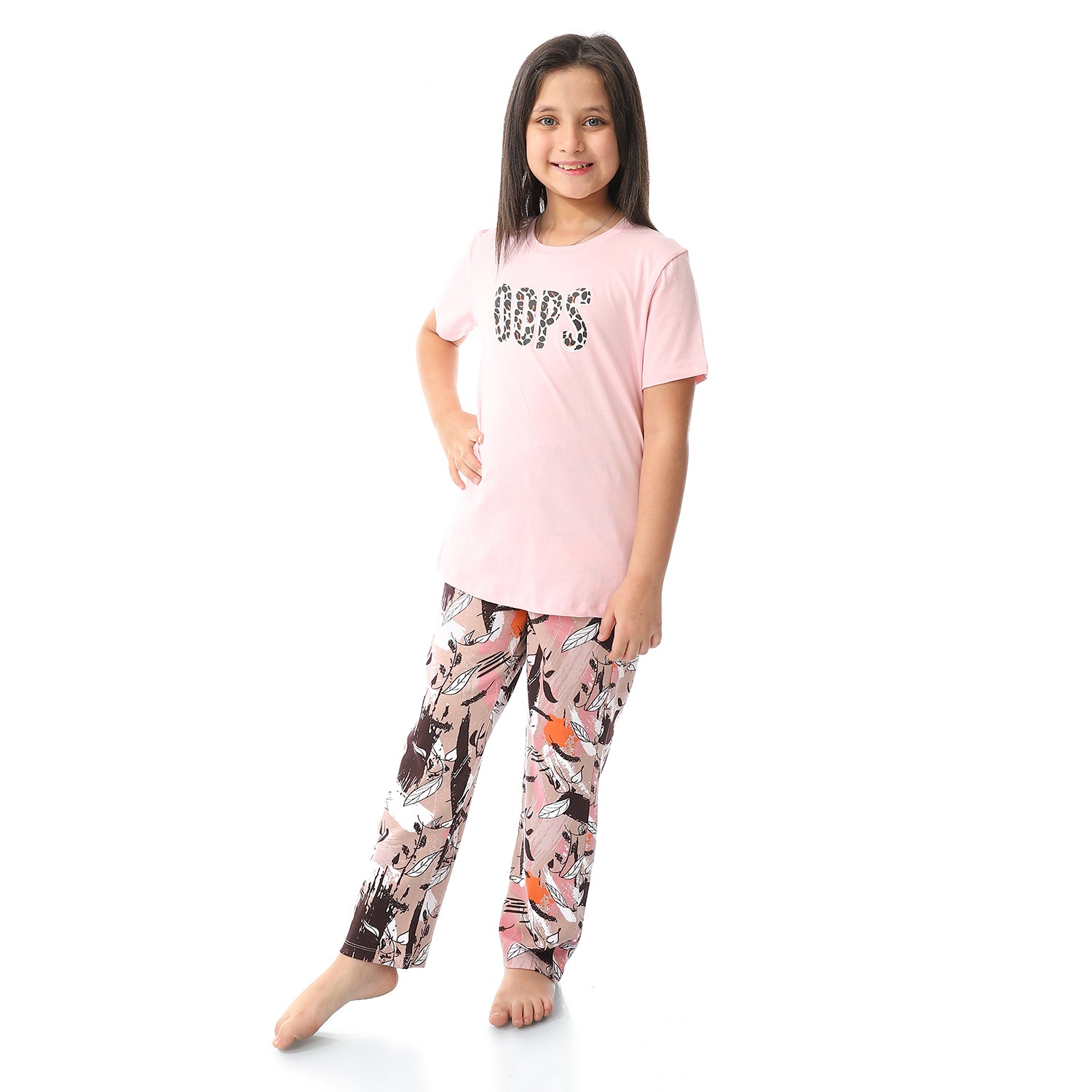 Girls OOPS Cotton Tee & Patterned Pants Pajama Set - Multicolour