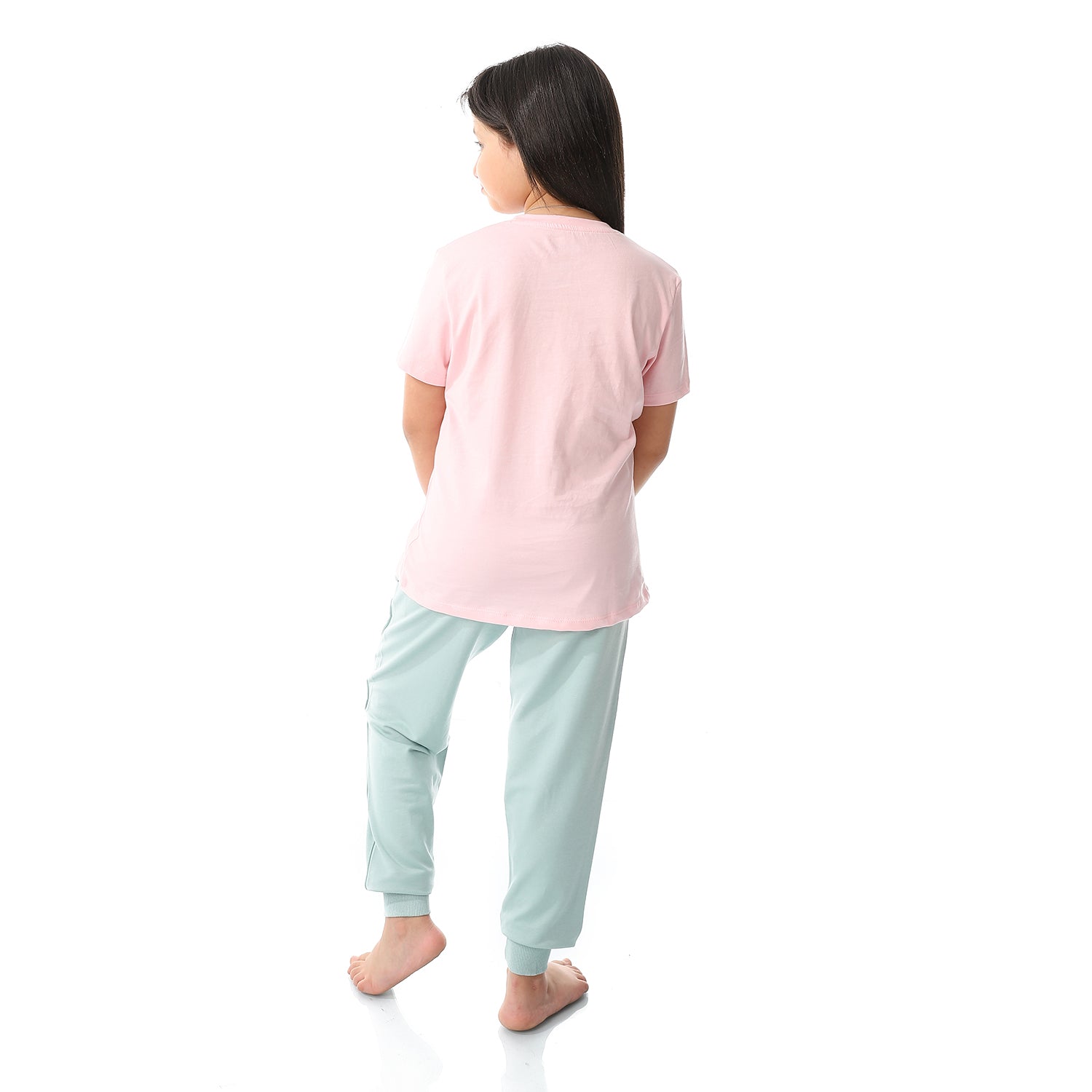 Girls Printed Short Sleeves Tee & Pants Pajama Set - Mint & Pastel Mint