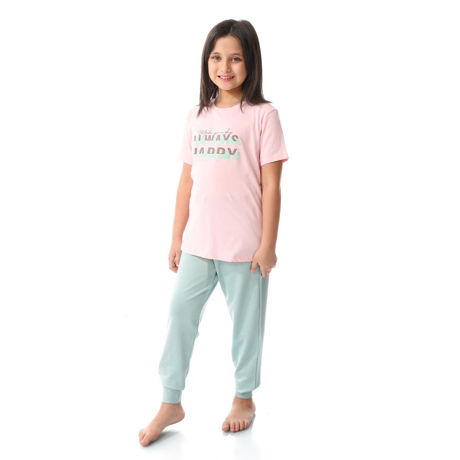 Girls Printed Short Sleeves Tee & Pants Pajama Set - Mint & Pastel Mint