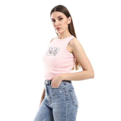 Rose Crop Top With Graphic Print - Red Cotton