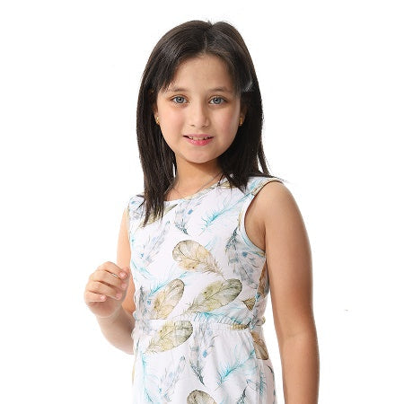 Girls' Cotton Dress with Floral Patterns-White