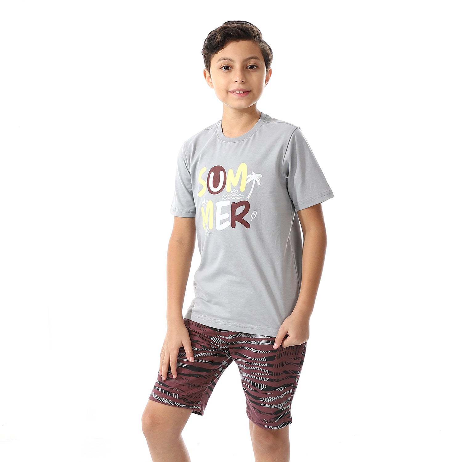 Boys Printed Colorful Summer & Shorts Pajama Set - Grey & Burgundy