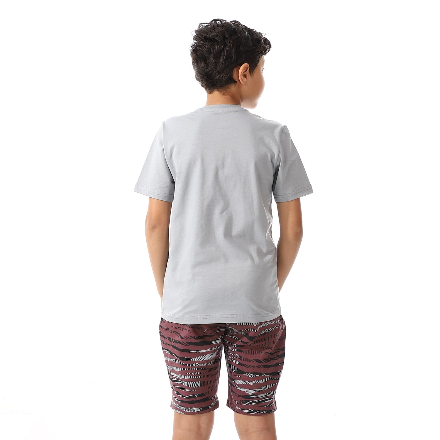 Boys Printed Colorful Summer & Shorts Pajama Set - Grey & Burgundy