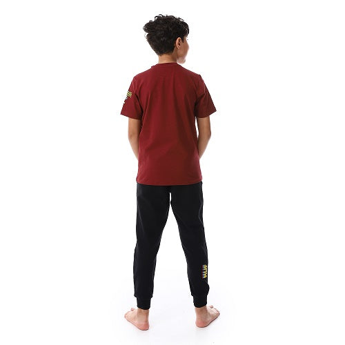 Boy's Summer Pajama Pants and Half Sleeves-dark red