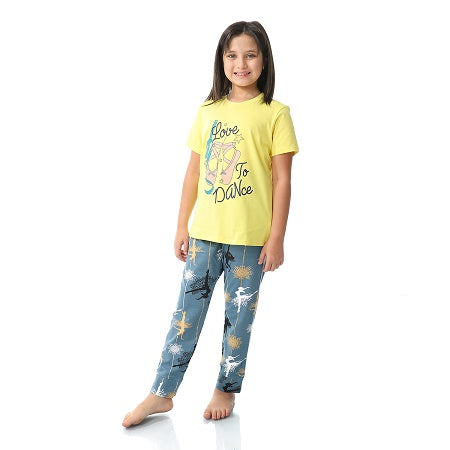 Girls' Cotton Pajama Set (Love to Dance) Summer Sleepwear-yellow