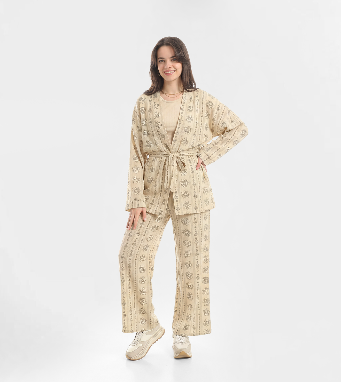 Women’s Set Belted Kimono Top & Wide-Leg Pants