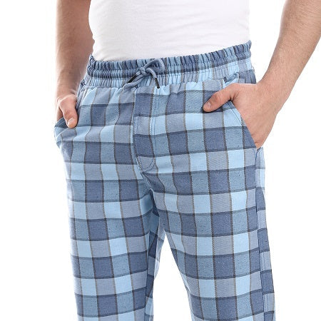 Men's red cotton summer check pants - Blue