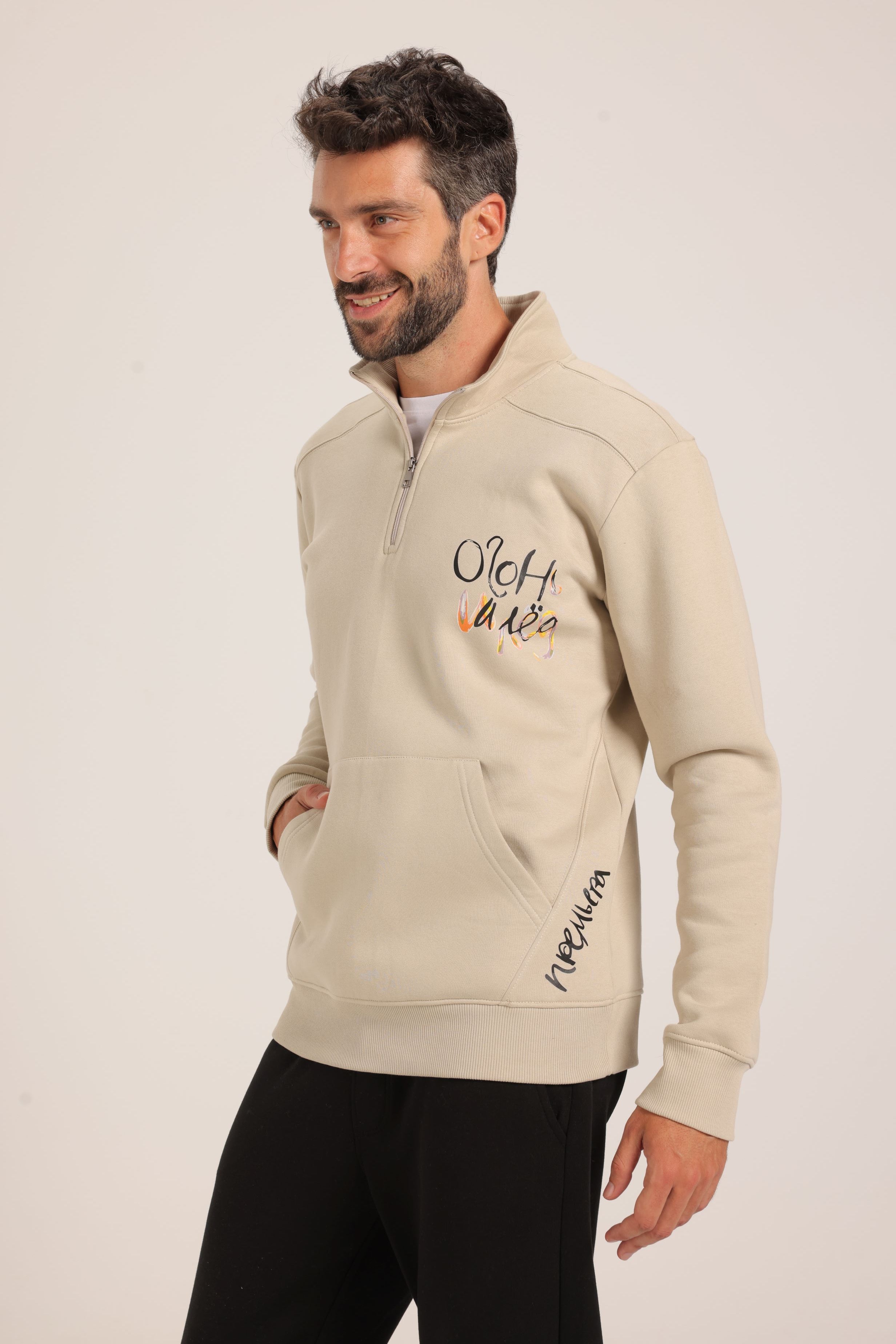 Men’s Casual Beige Sweatshirt – Half-Zip with Unique Print