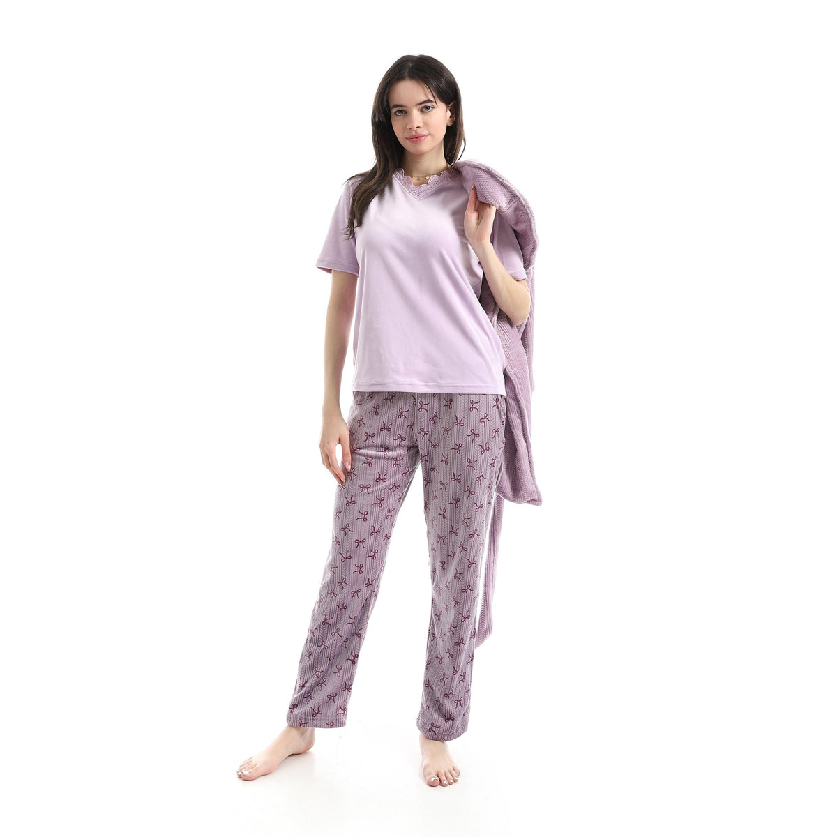 The Lavender 3-Piece Robe & Pajama Set - Red Cotton