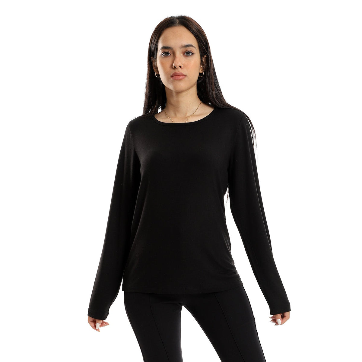 Women Basic Shirt, Round Neck, Long Sleeve - Red Cotton