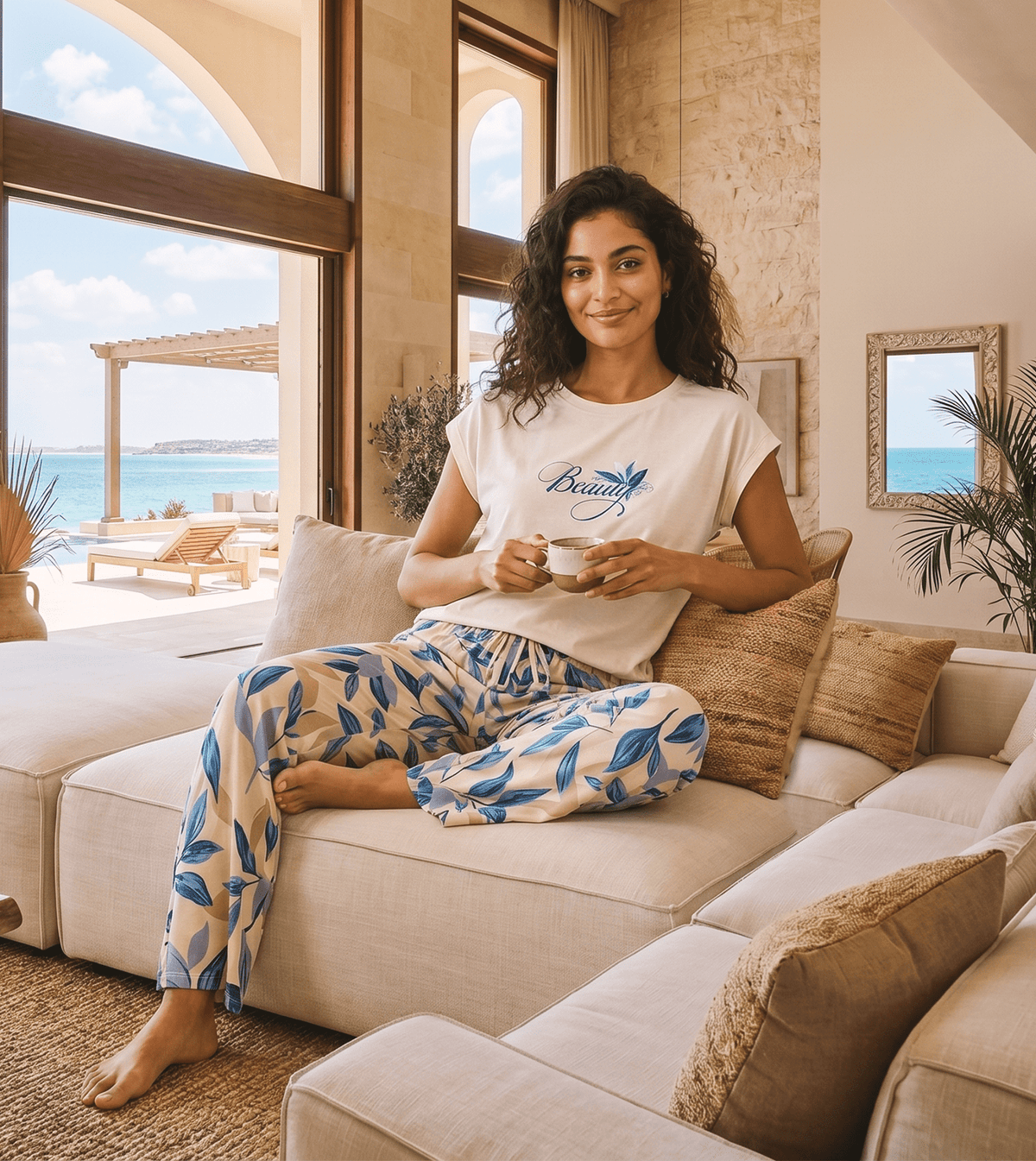 Women "Beauty" Cotton Pajama Set Blue in White - Red Cotton