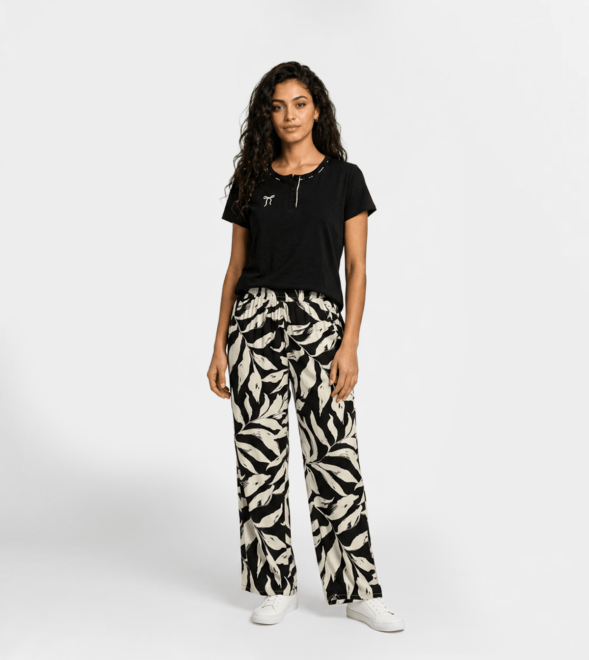 Women Black Henley Cotton Pajama Pants Set - Red Cotton