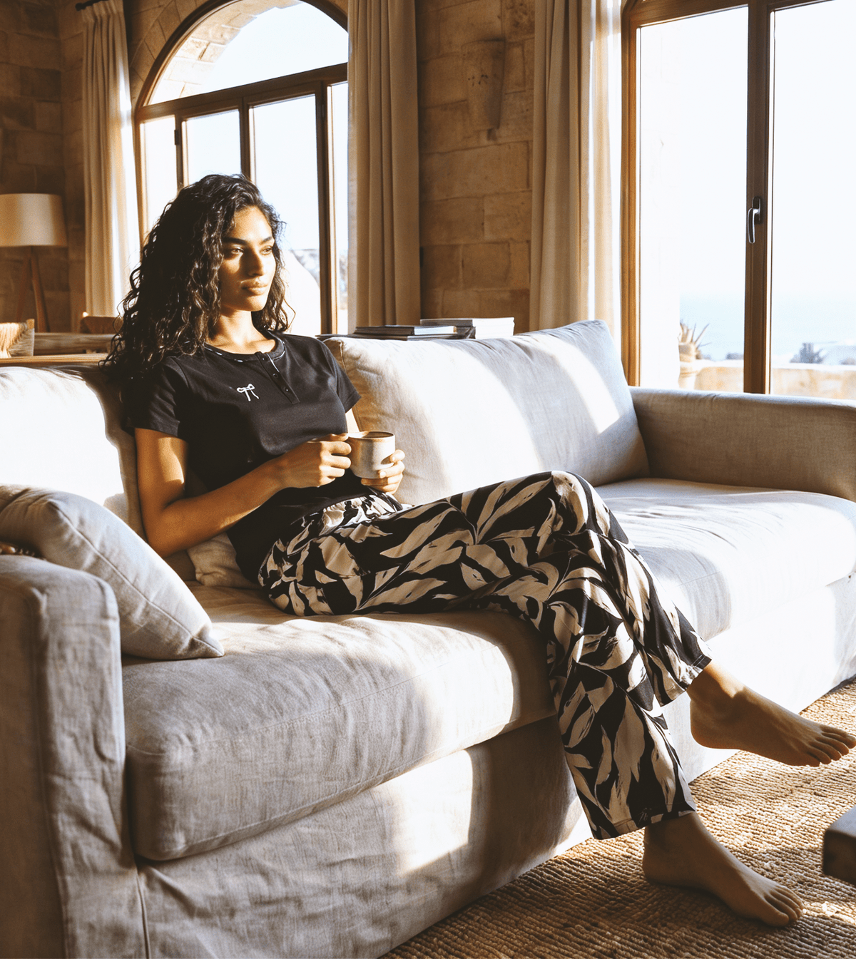 Women Black Henley Cotton Pajama Pants Set - Red Cotton