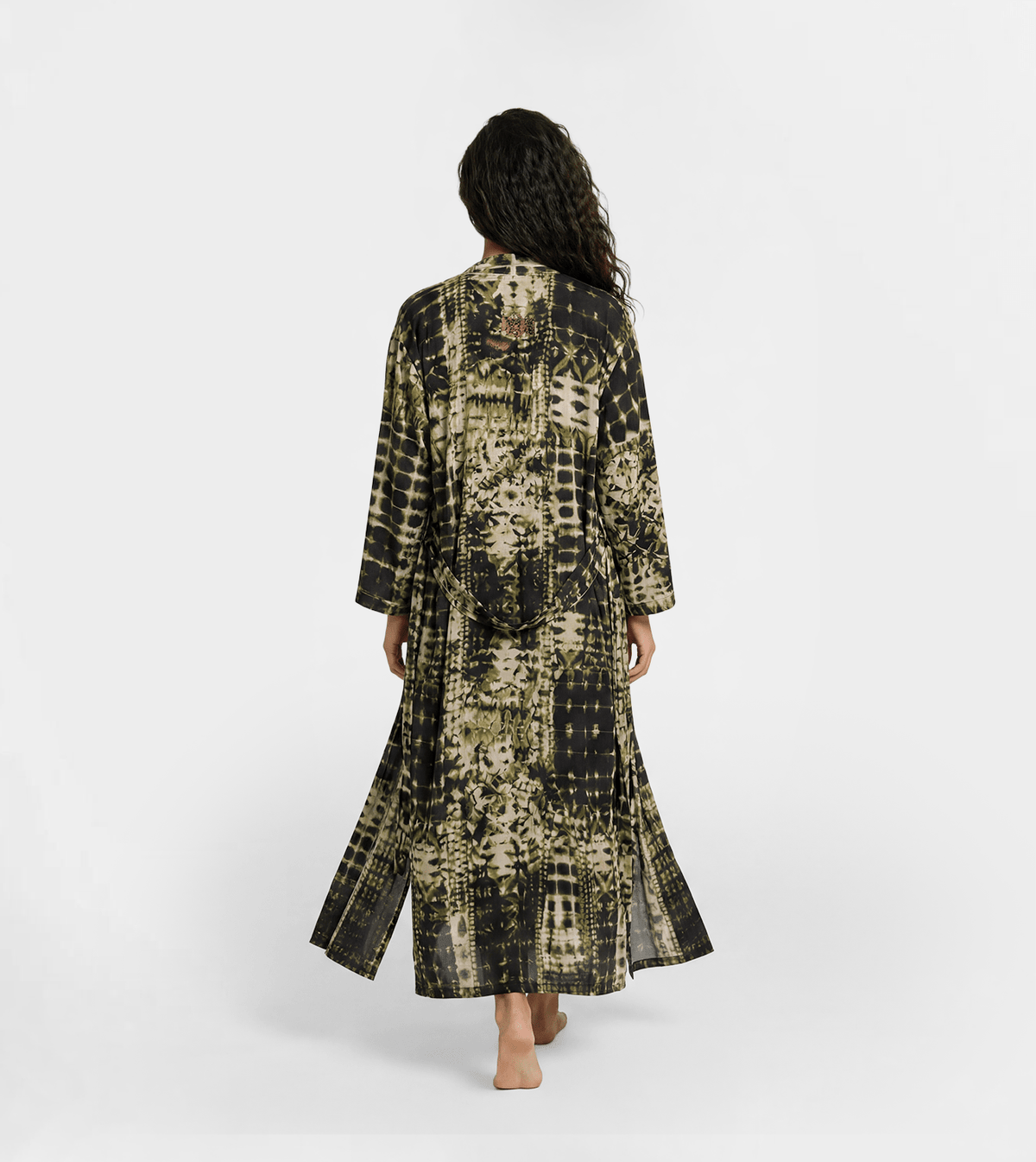 Women Black Lace Nightdress with Viscose Kimono Robe - Red Cotton