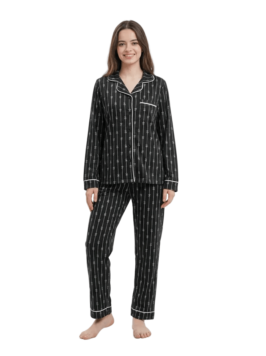 Women Classic Pinstripe Pajama - Red Cotton