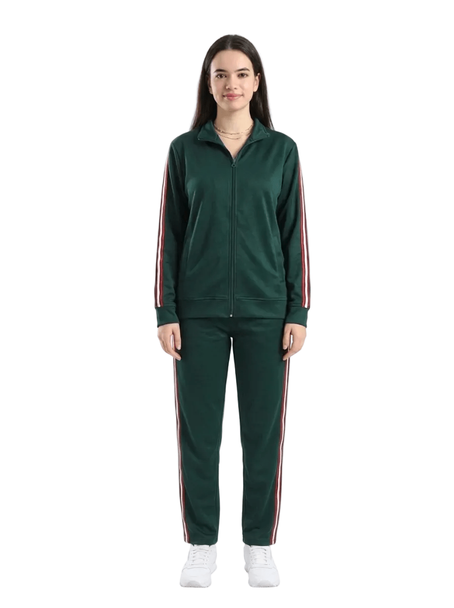Women Contrast Side-Stripe Tracksuit Set - Red Cotton