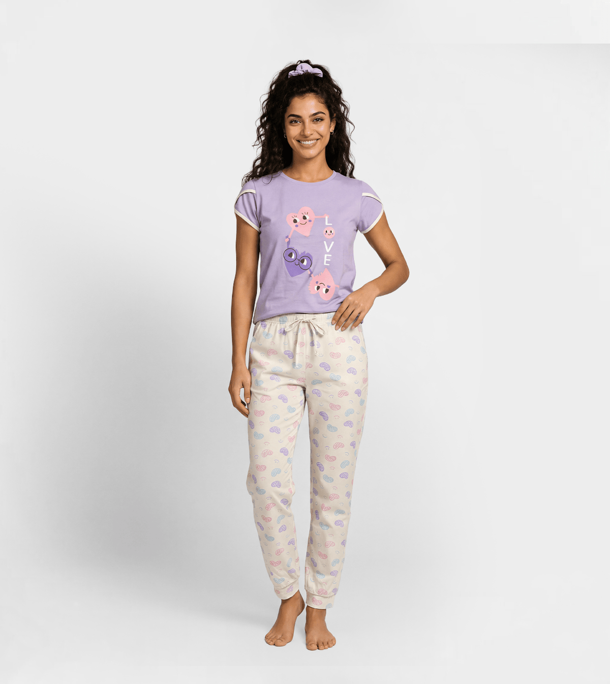 Women Cute Love Print Pajama Set - Red Cotton