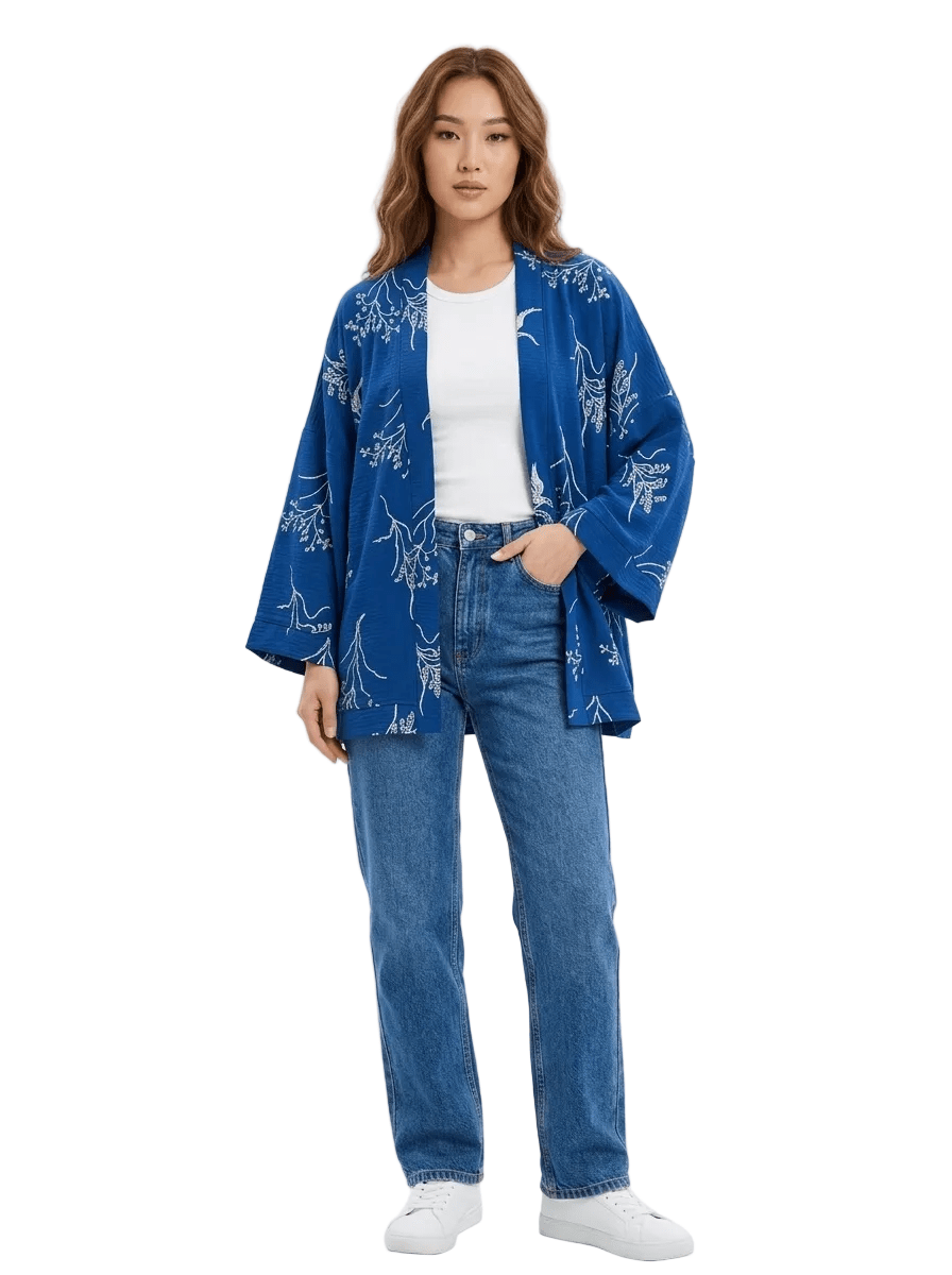 Women Embroidered Cropped Kimono - Red Cotton