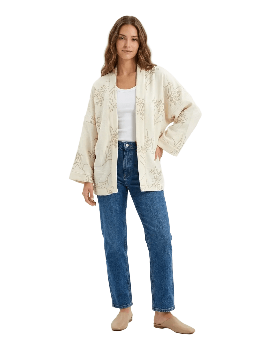 Women Embroidered Cropped Kimono - Red Cotton