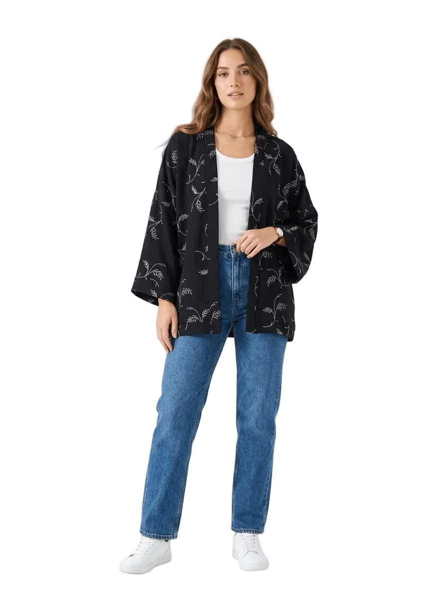 Women Embroidered Cropped Kimono - Red Cotton
