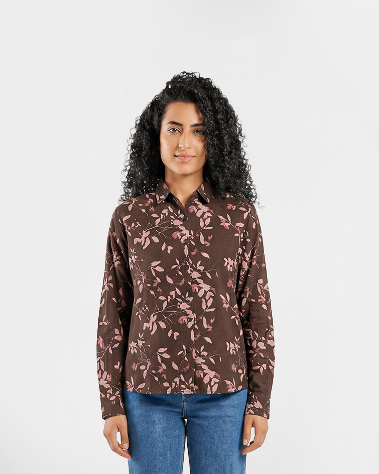 Women Floral Button-Up Shirt - Red Cotton