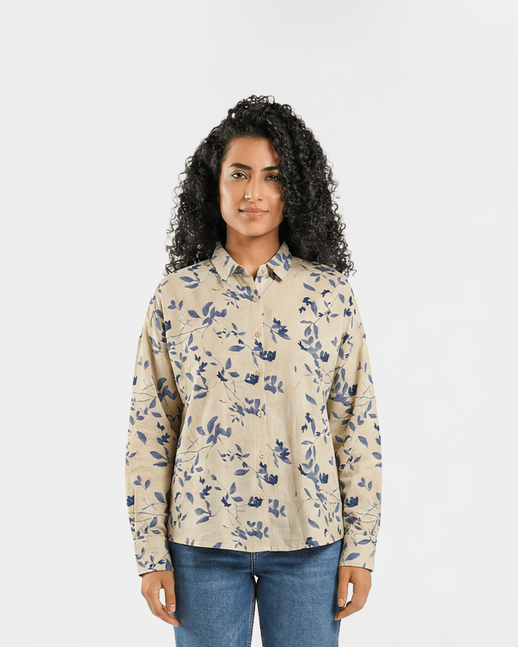Women Floral Button-Up Shirt - Red Cotton
