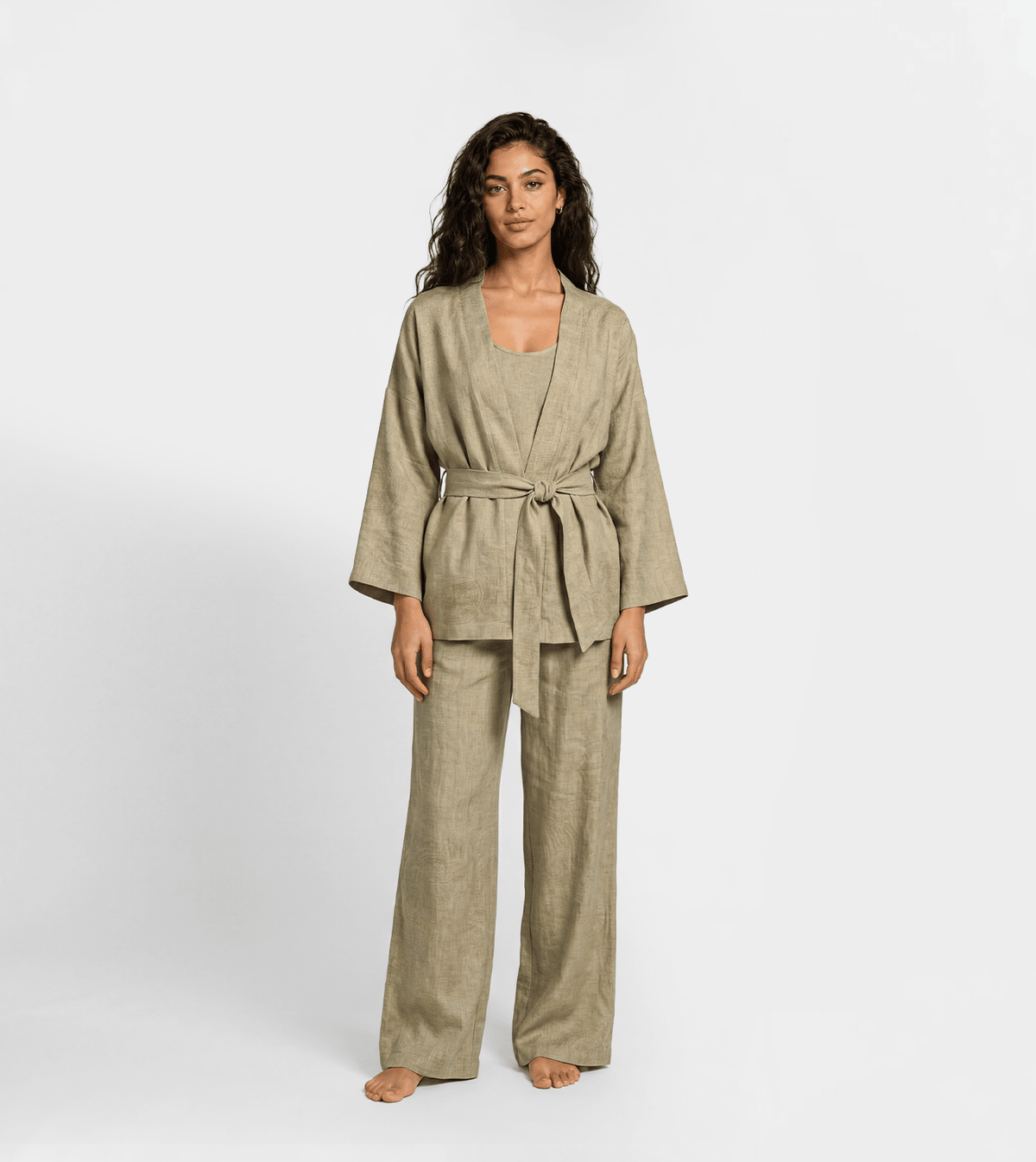 Women Kimono Cardigan & Wide Leg Pants Lounge Set - Red Cotton