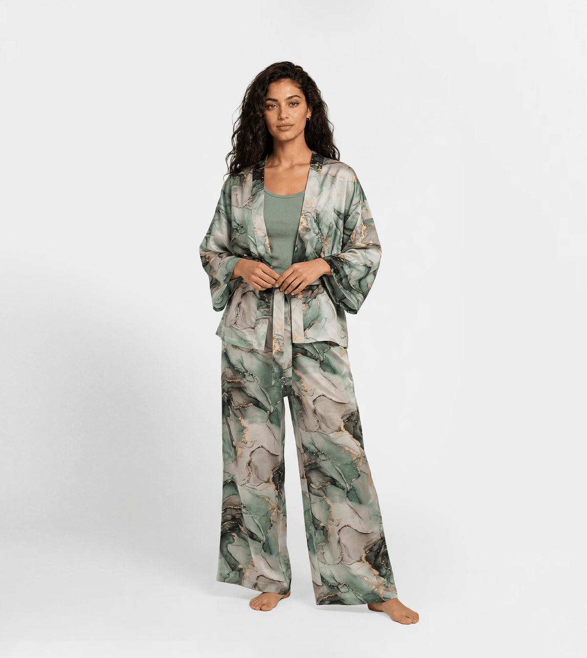 Women Kimono & Wide Leg Pajama Set - Red Cotton
