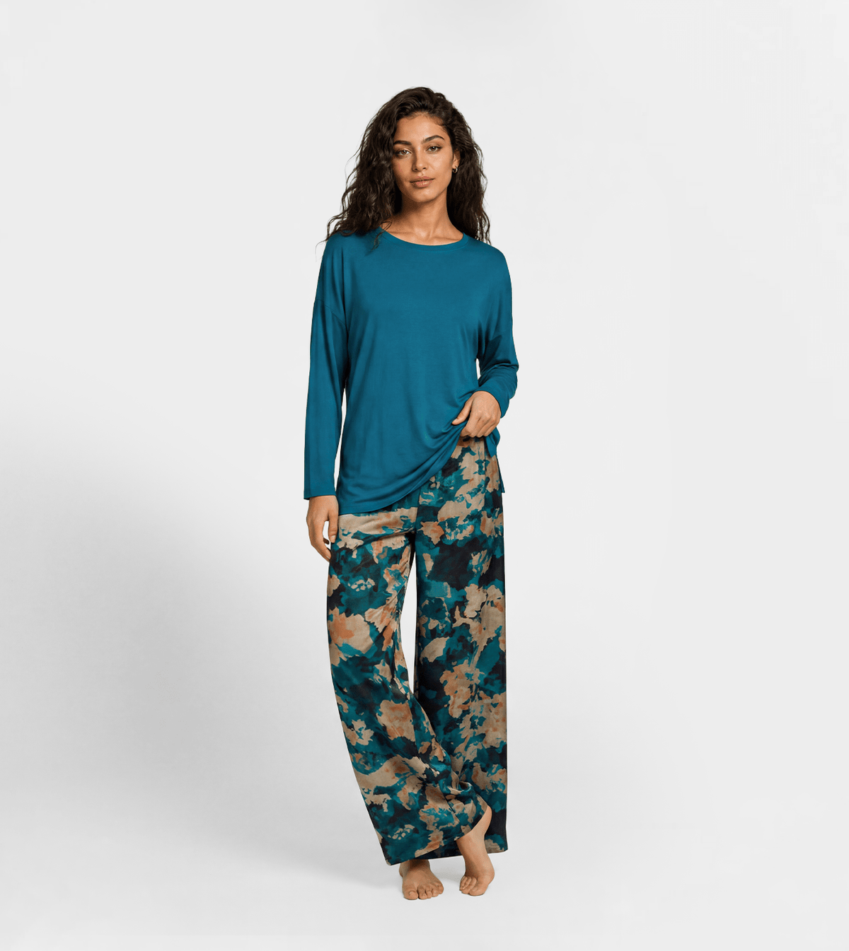 Women Long Sleeve Top & Wide Leg Pants Set - Red Cotton
