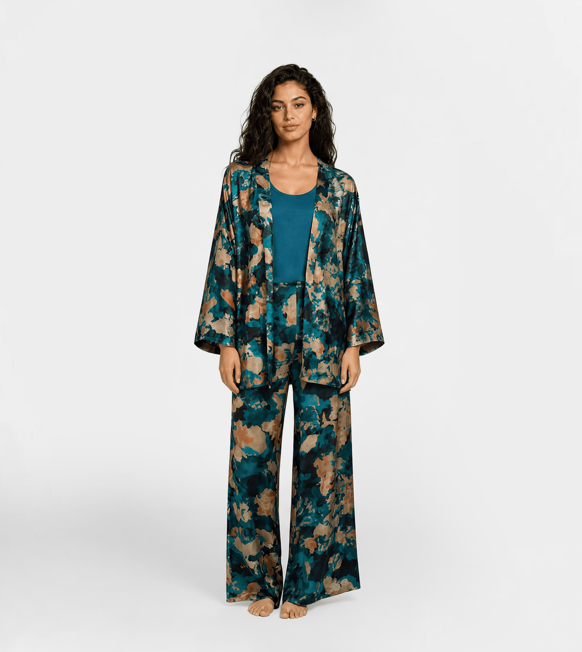 Women Lounge Set with Kimono Cardigan - Red Cotton